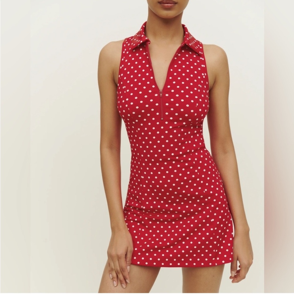 NWT Reformation tennis Leslie Ecomove Zip Front Active Dress Red Polka Dots